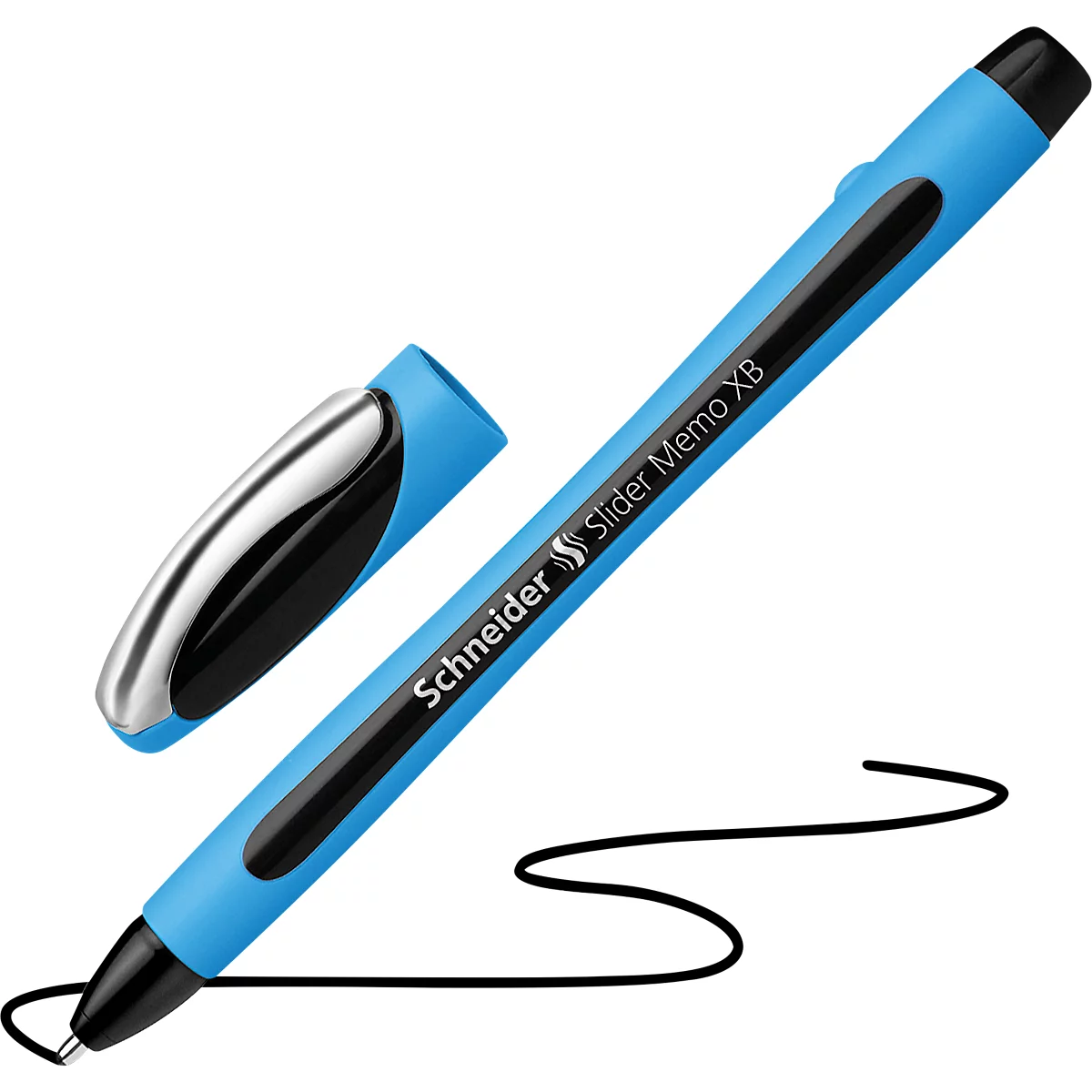 Blue pen, cap next to it. Text: Schneider Slider Memo X8. Black line.