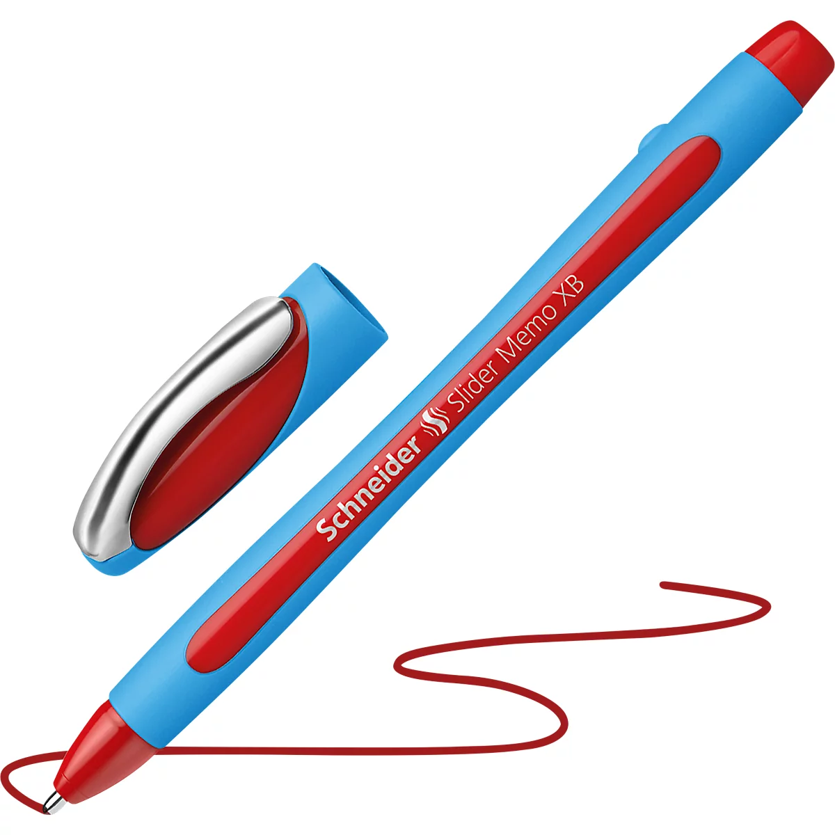 A blue pen with red writing and a red accent, next to it the cap, a red line runs out of the tip.