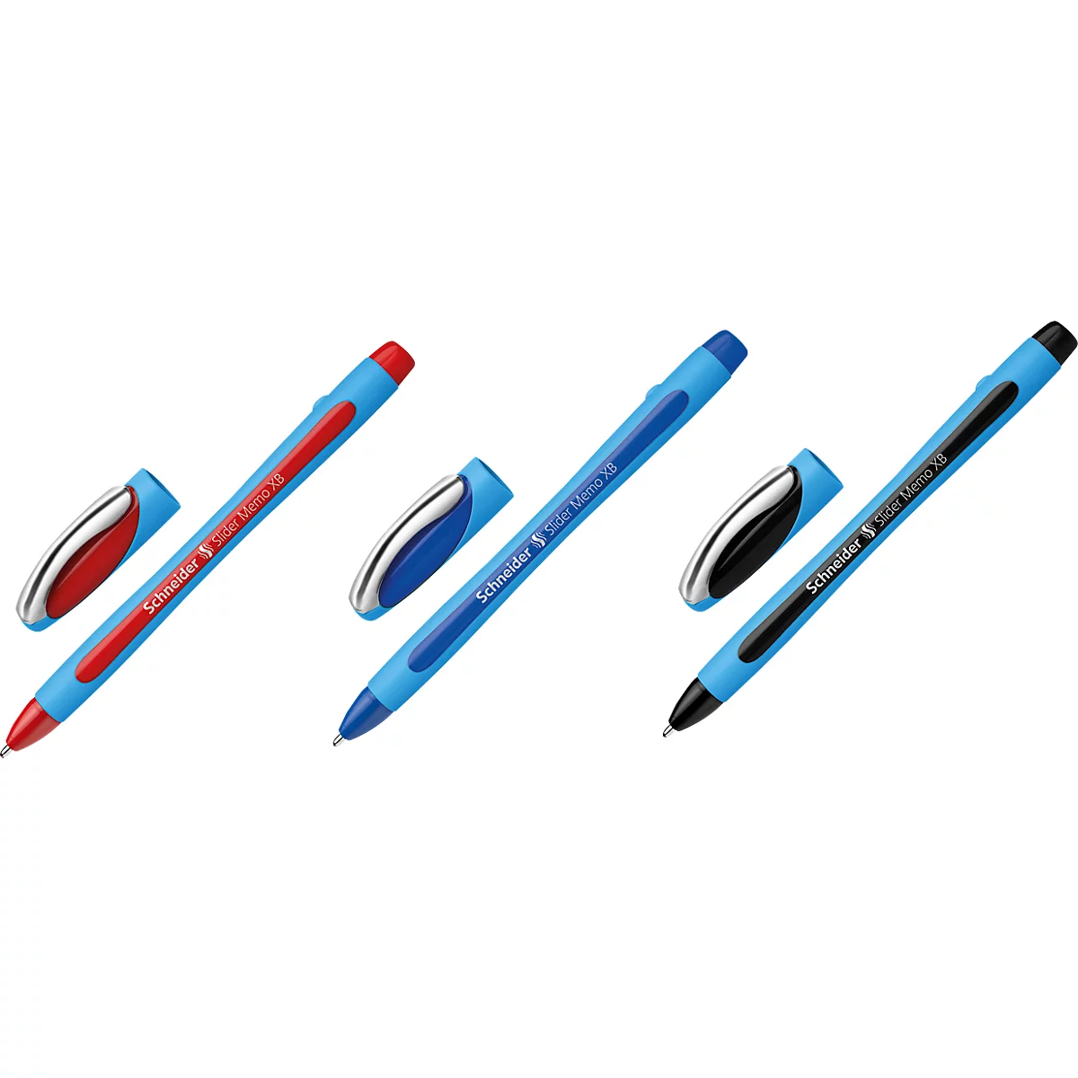 Three blue pens with red, blue and black ink and cap. The text reads: Schneider Slider Memo XB.