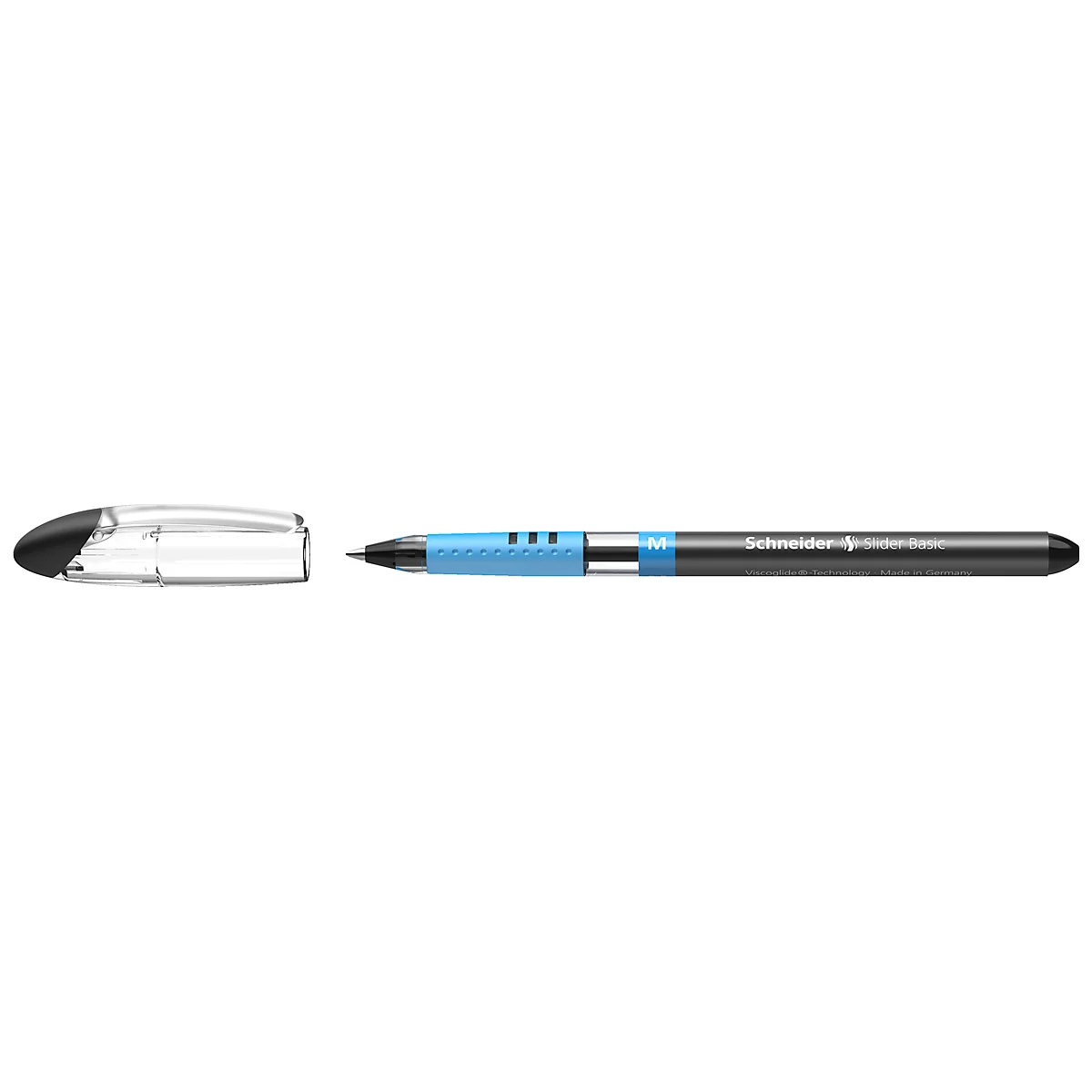 A black ballpoint pen with blue accents and a transparent cap. The pen has the imprint "Schneider".