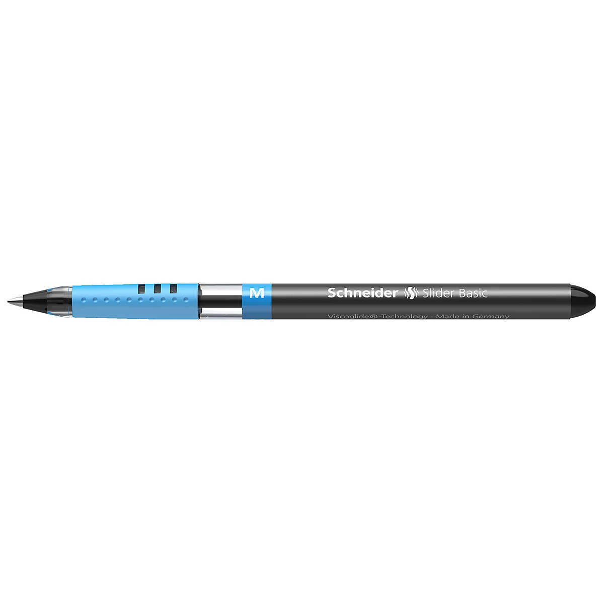A blue Schneider ballpoint pen, lying down. Black casing, silver tip and blue area with lettering.