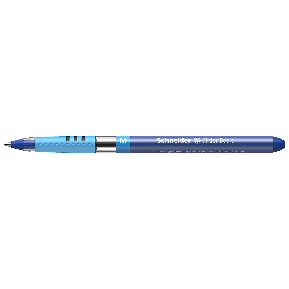 A blue pen from Schneider. Inscription: Schneider Pen. With a silver-colored shaft.