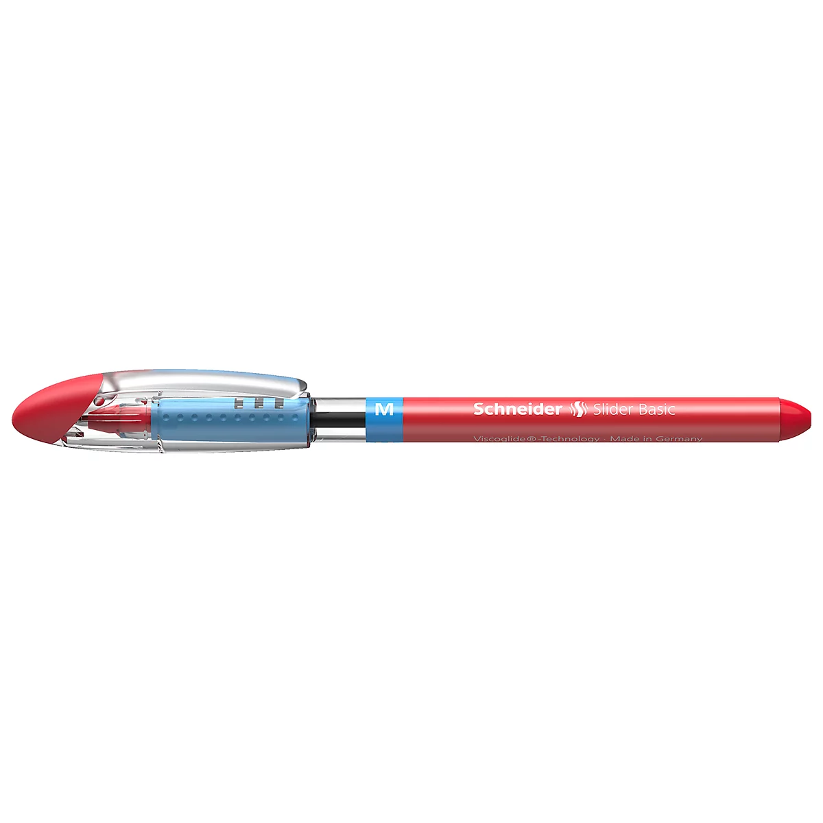 A red ballpoint pen with a blue middle section and a transparent casing. The shaft says "Schneider".