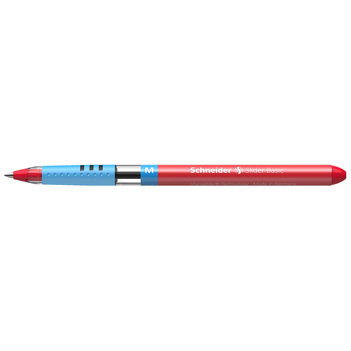 A red ballpoint pen with blue and silver elements. The pen bears the brand name Schneider.