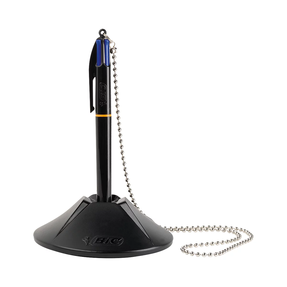 Black pen with blue, red, green and black refills, in a holder with a chain.