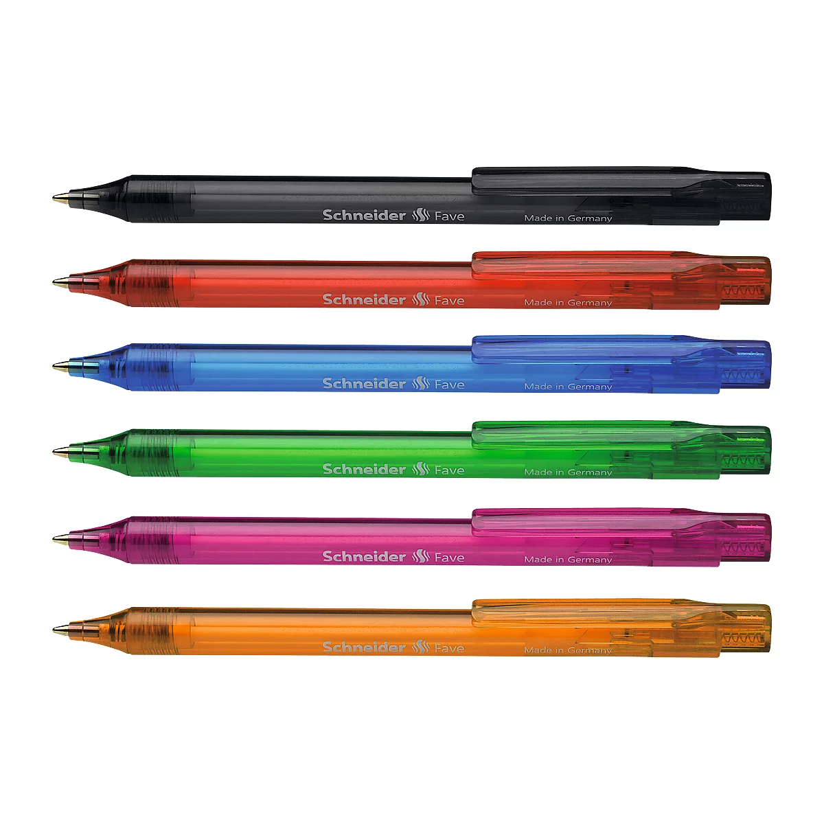 Six Schneider Fave ballpoint pens in various colors lie side by side: black, red, blue, green, pink and orange.