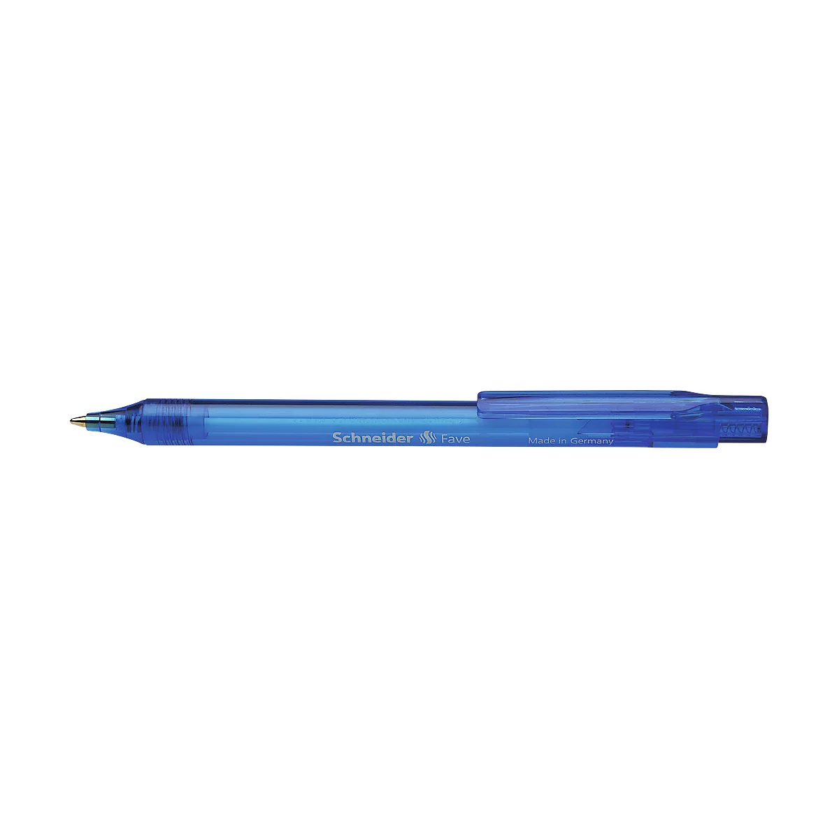 A blue ballpoint pen with the inscription Schneider. The pen is partially transparent.
