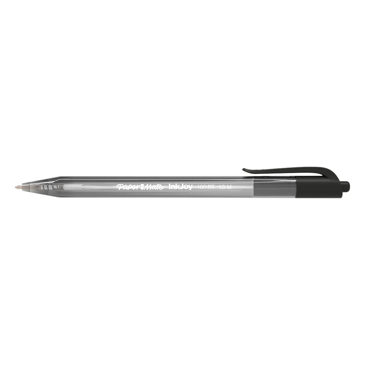 A gray pen with a black clip and lettering.