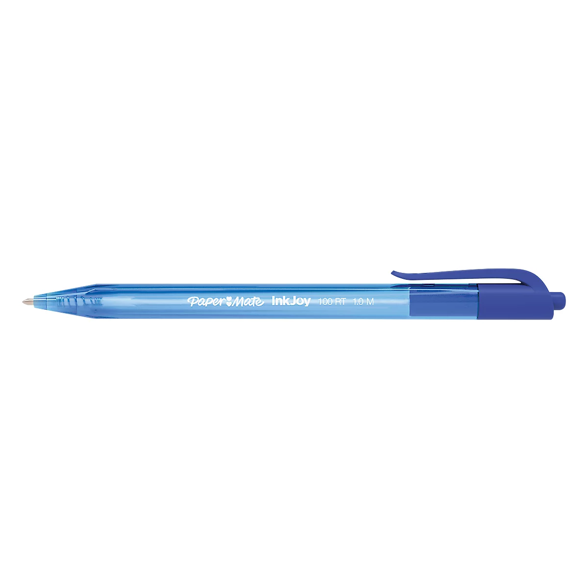Blue pen with the inscription Paper Mate InkJoy.