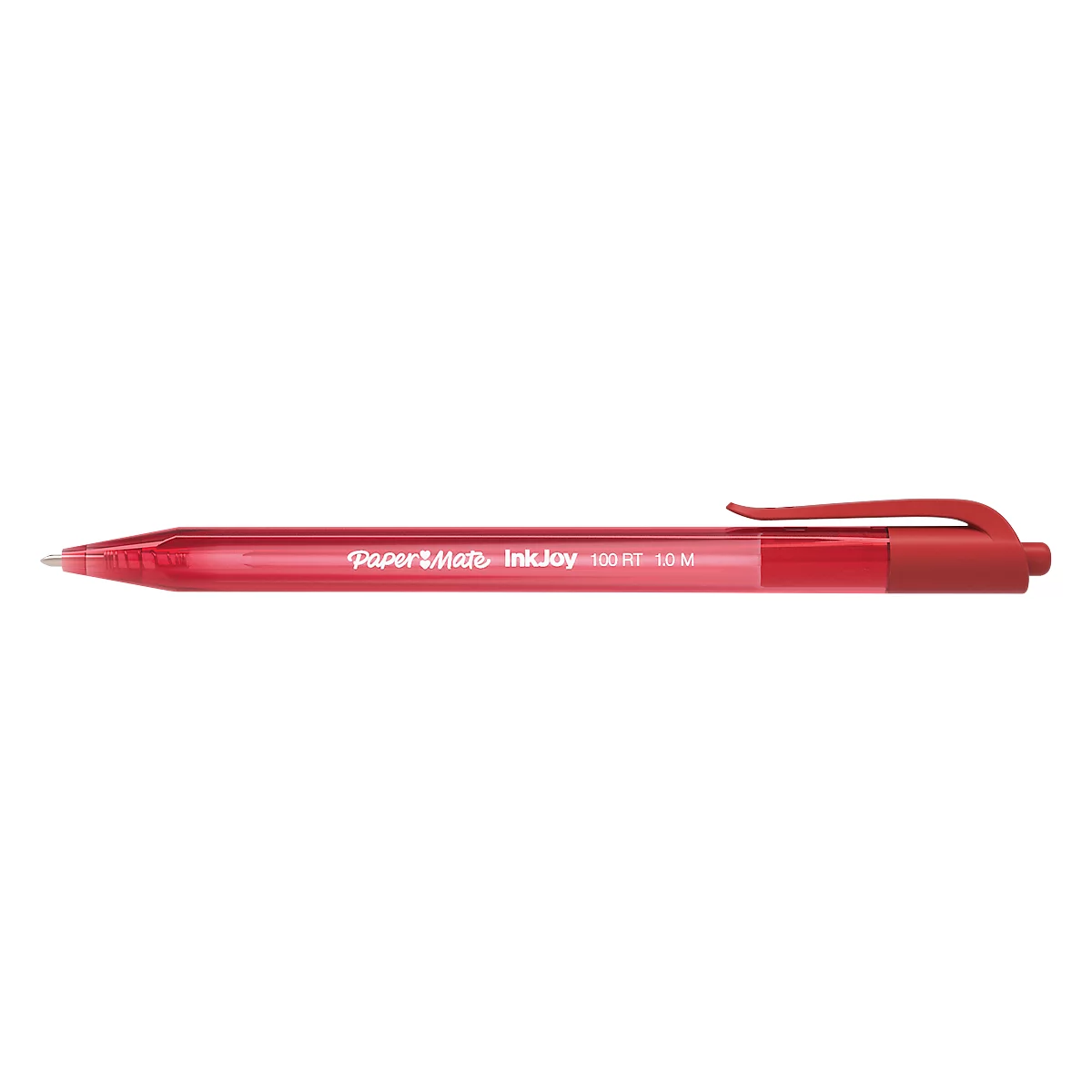 A red ballpoint pen with the inscription Paper Mate InkJoy.