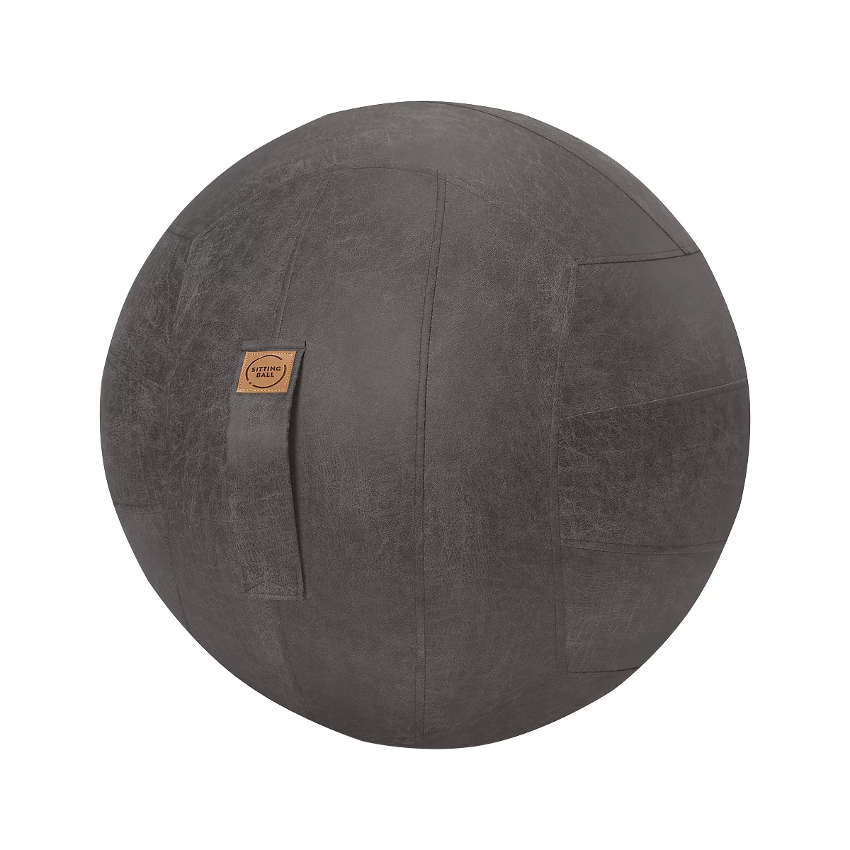 Bola de asiento redonda gris con textura, etiqueta marrón con logo.