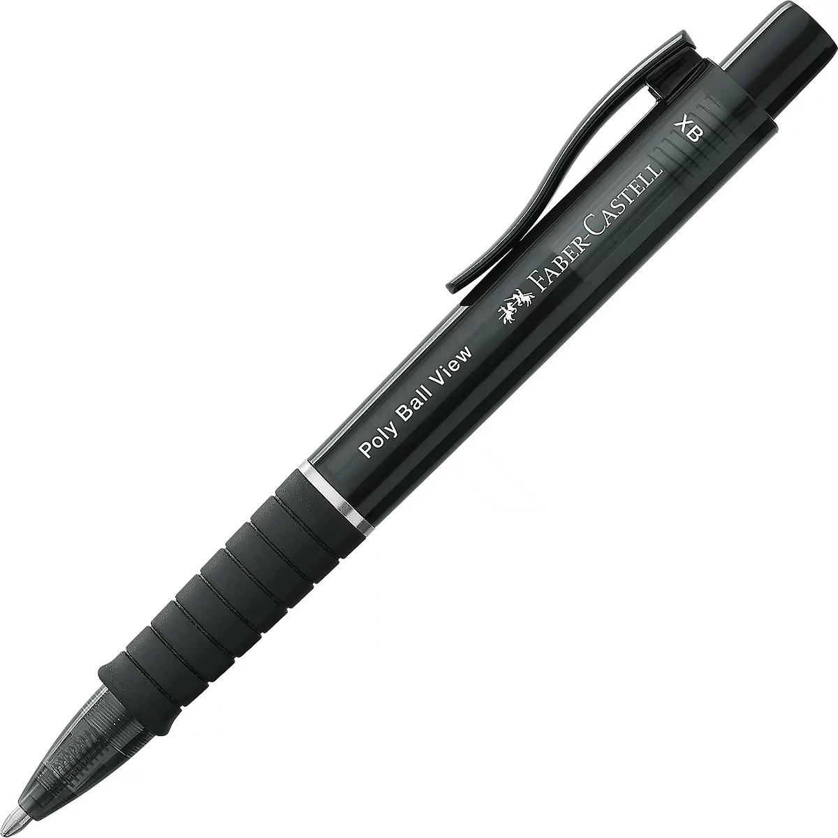 Zwarte Faber-Castell Poly Ball View pen, diagonaal liggend. De schacht is voorzien van een logo.