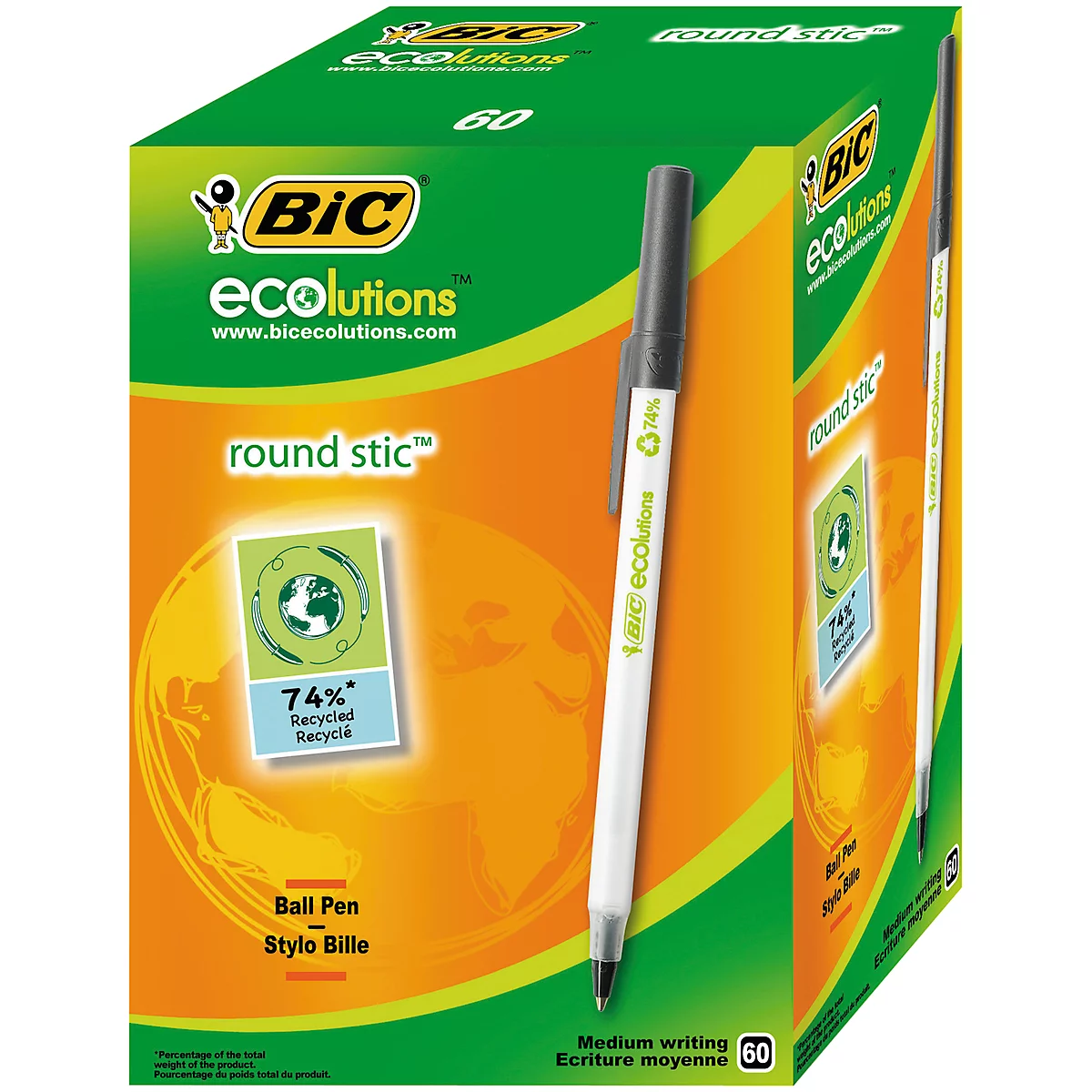 Balpen met dop BIC® ECOlutions® Round Stic®, 0,4 mm, gerecycleerd, zwart, 60 stuks