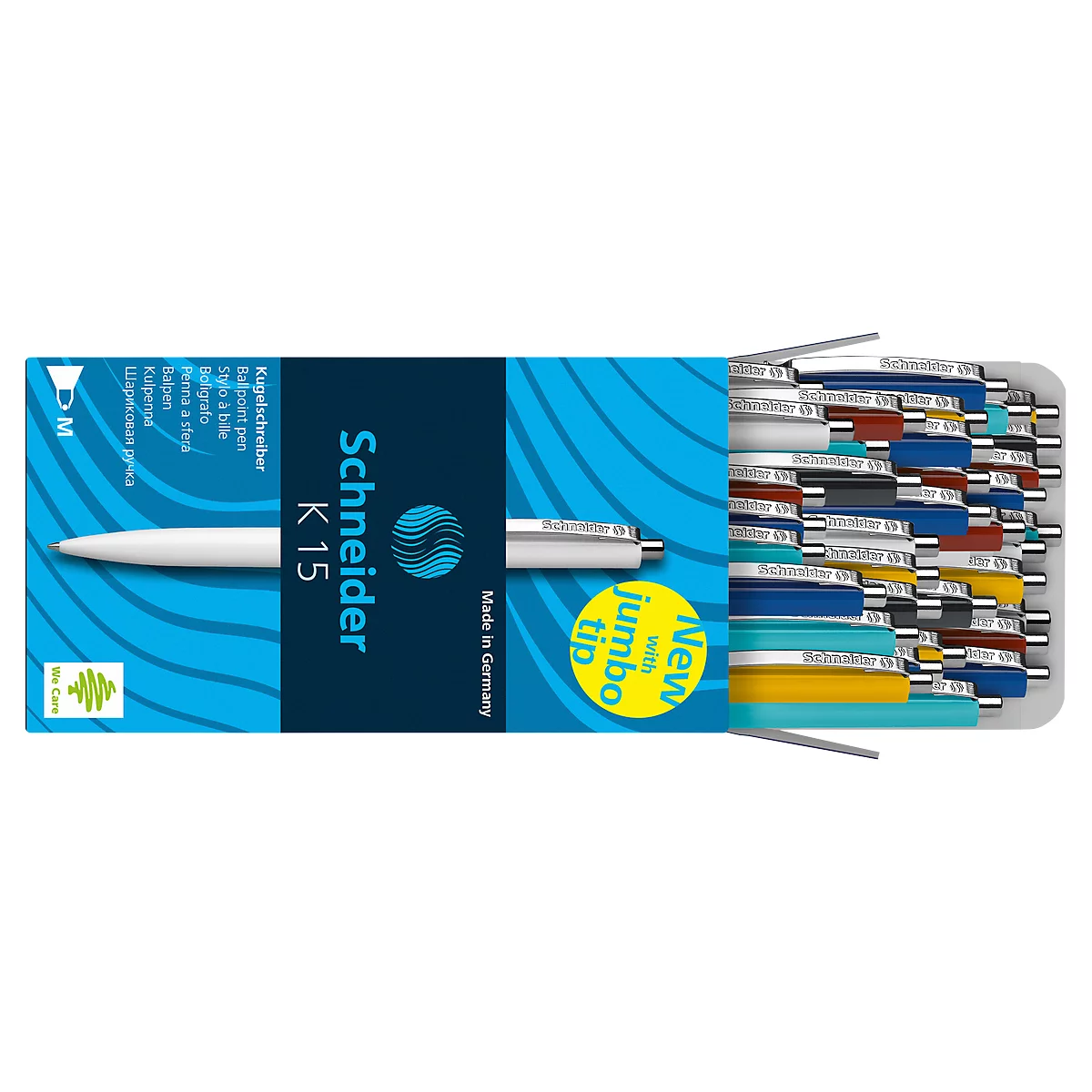 Een open doos met pennen. Een witte pen ligt ervoor, daarnaast het opschrift Schneider K15. Rechts daarnaast zijn veel kleurrijke pennen te zien.