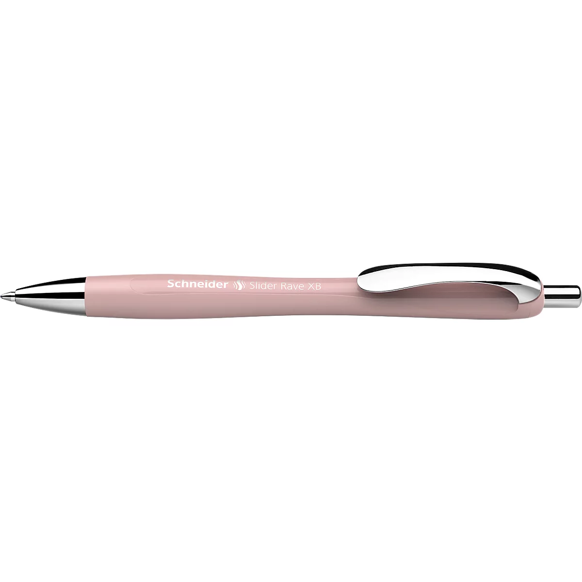 Close-up van een roze balpen met zilveren accenten. De pen heeft een ergonomische vorm en het opschrift "Schneider".