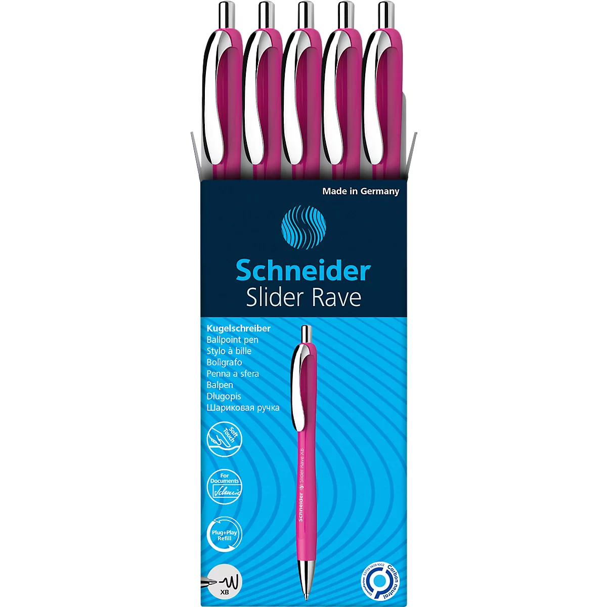 Vijf roze balpennen met zilveren clips in een verpakking. Op de verpakking staat de tekst 'Schneider Slider Rave'.