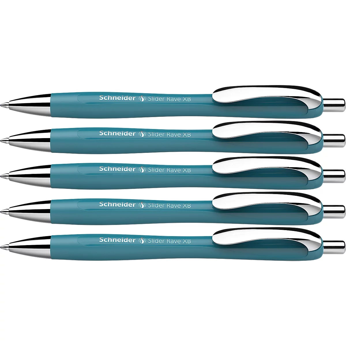 Vijf turquoise balpennen met zilveren punten en clips. Op elke pen staat “Schneider Slider Rave XB”.