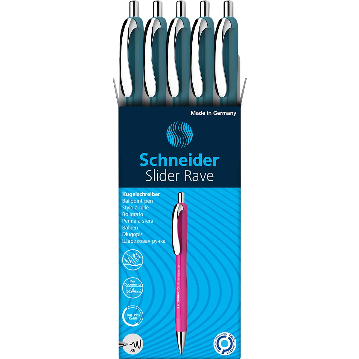 Een pennen set, met vijf blauwe balpennen en een roze pen in het midden. Op de verpakking staat "Schneider Slider Rave."