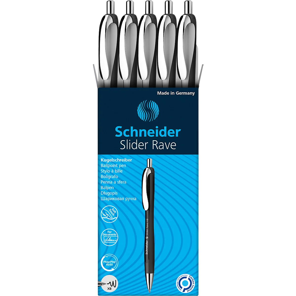 Vijf Schneider Slider Rave balpennen, deels in een verpakking. Eén pen ligt voor de verpakking.