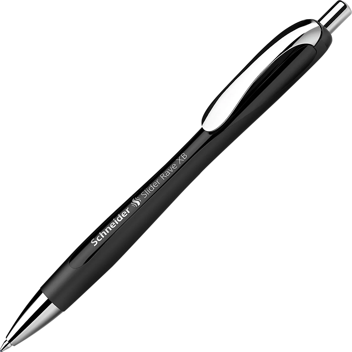 Zwarte balpen met zilveren accenten en de tekst "Schneider Slider Rave XB".