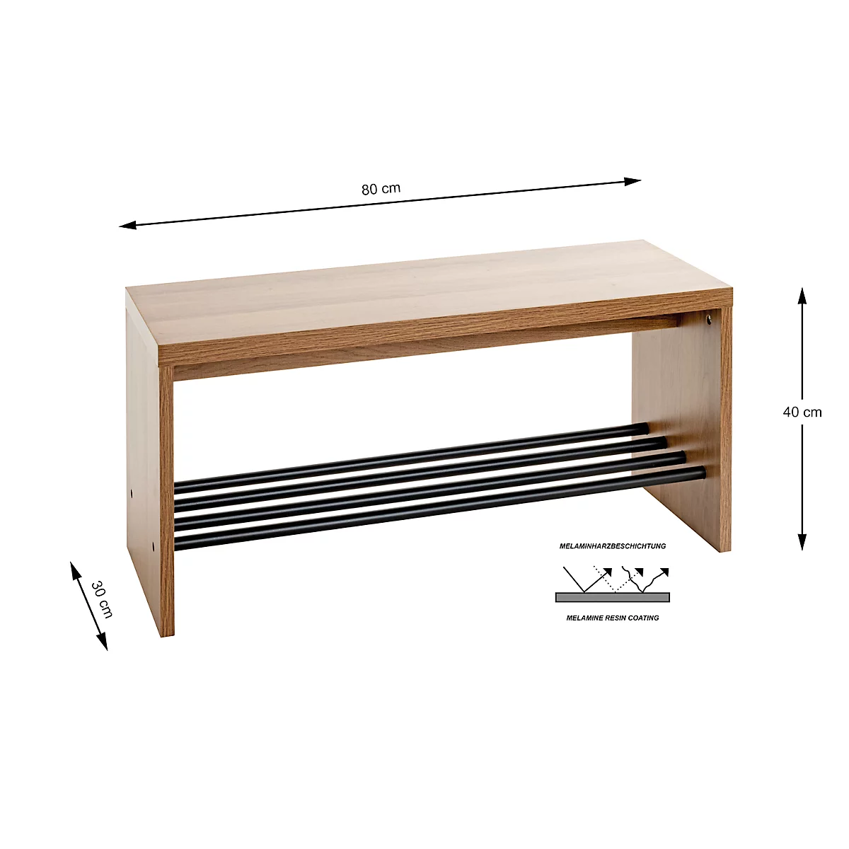 Banc en bois avec 3 barres noires. Dimensions : 80 x 40 x 30 cm. Etiquette pour revêtement en résine de mélamine.