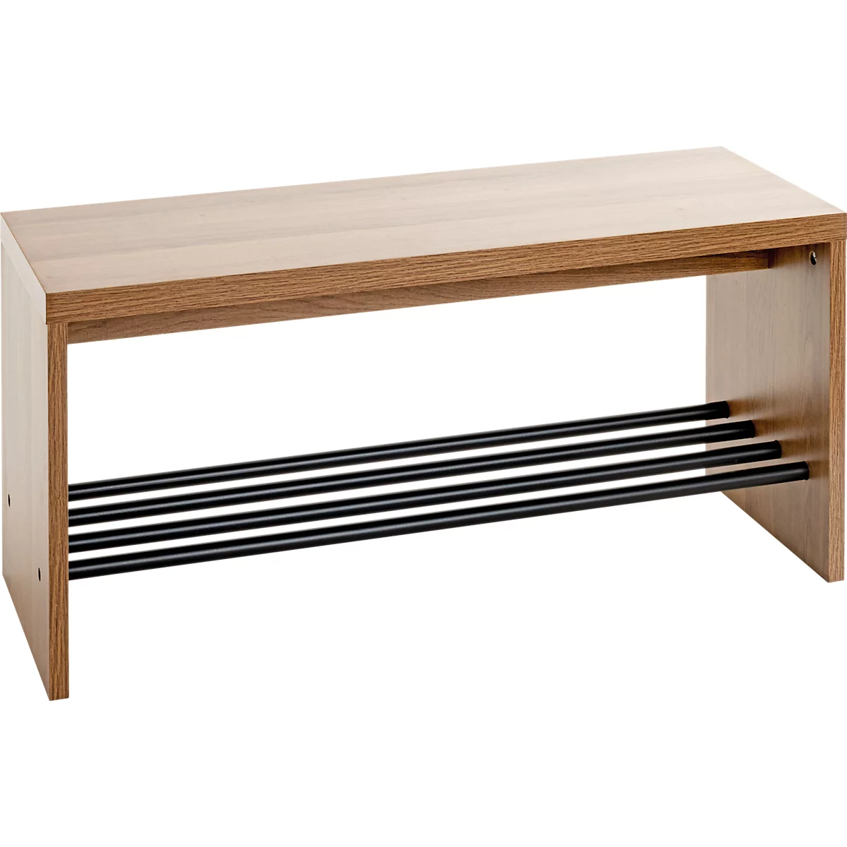 Banc en bois avec trois barres noires pour ranger les chaussures.