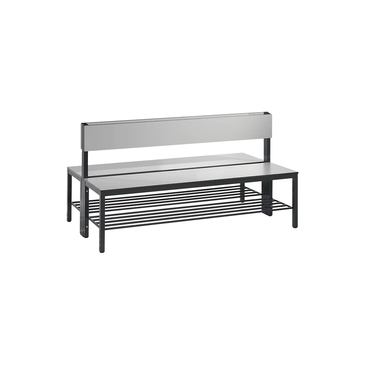 Banc Basic Plus, 2 côtés, avec dossier et porte-chaussures, châssis 4 pieds gris noir RAL 7021, L 1500 mm, décor gris argent