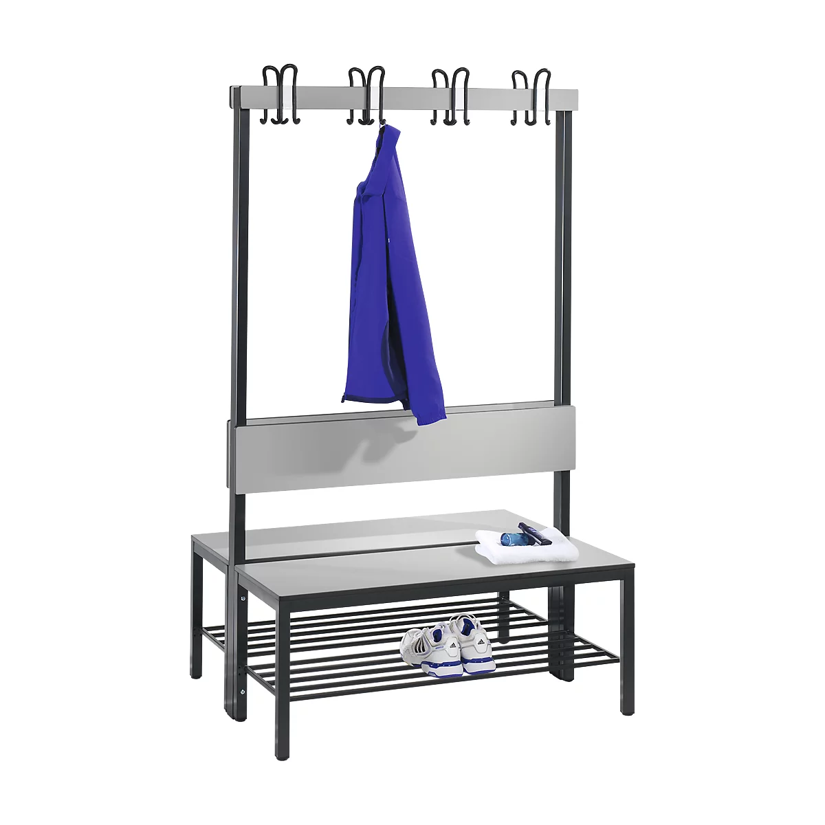 Banc d'armoire Basic Plus, 2 côtés, dossier, avec porte-chaussures, cadre de base gris noir RAL 7021, L 1000 mm, décor gris argent