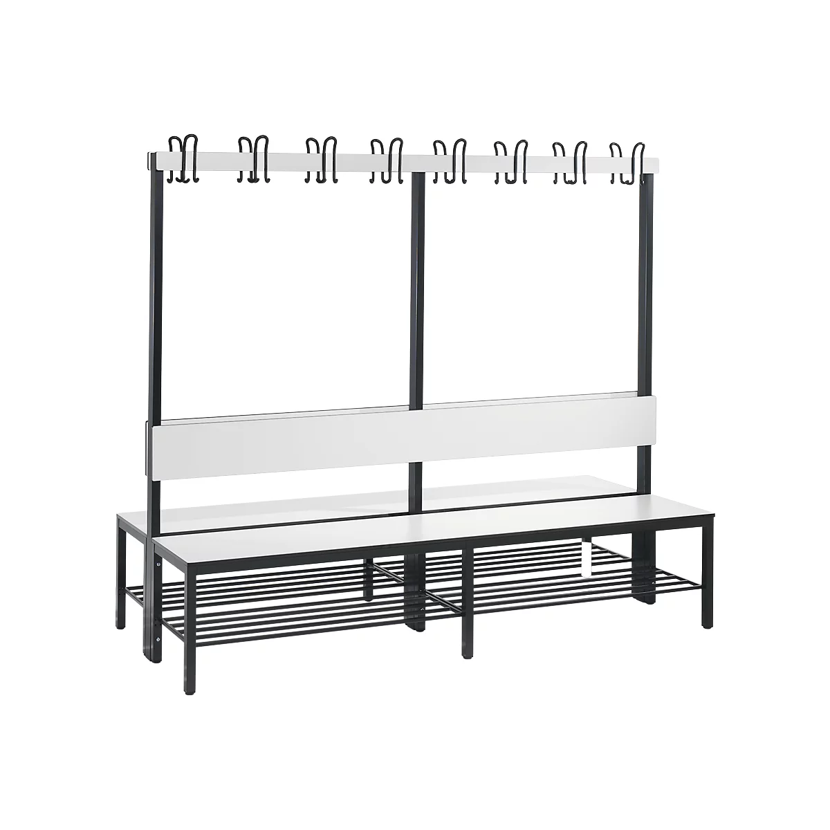 Banc d'armoire Basic Plus, 2 côtés, dossier, avec porte-chaussures, cadre de base gris-noir RAL 7021, L 1960 mm, décor blanc