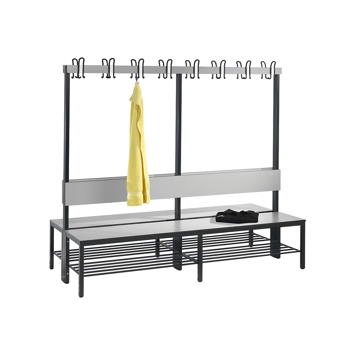 Banc d'armoire Basic Plus, 2 côtés, dossier, avec porte-chaussures, cadre de base gris noir RAL 7021, L 1960 mm, décor gris argent