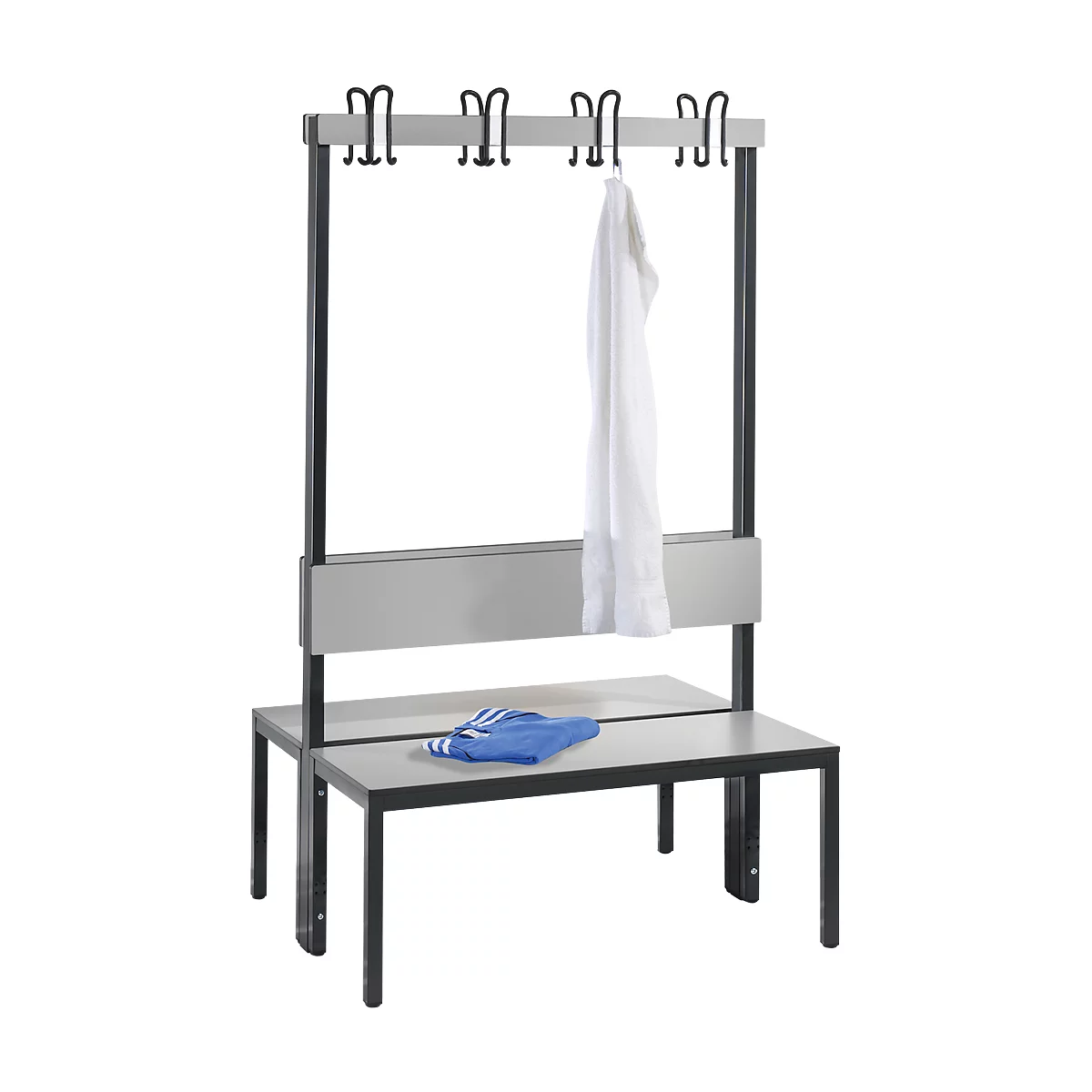 Banc d'armoire Basic Plus, 2 côtés, dossier, sans porte-chaussures, cadre de pied gris noir RAL 7021, L 1000 mm, décor gris argent