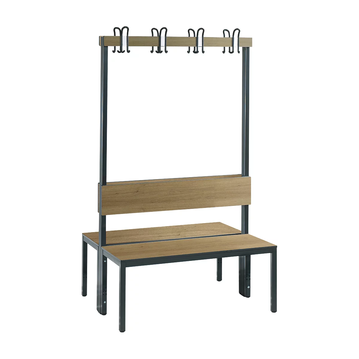 Banc d'armoire Basic Plus, 2 côtés, dossier, sans porte-chaussures, piètement gris-noir RAL 7021, L 1000 mm, décor chêne Ser.