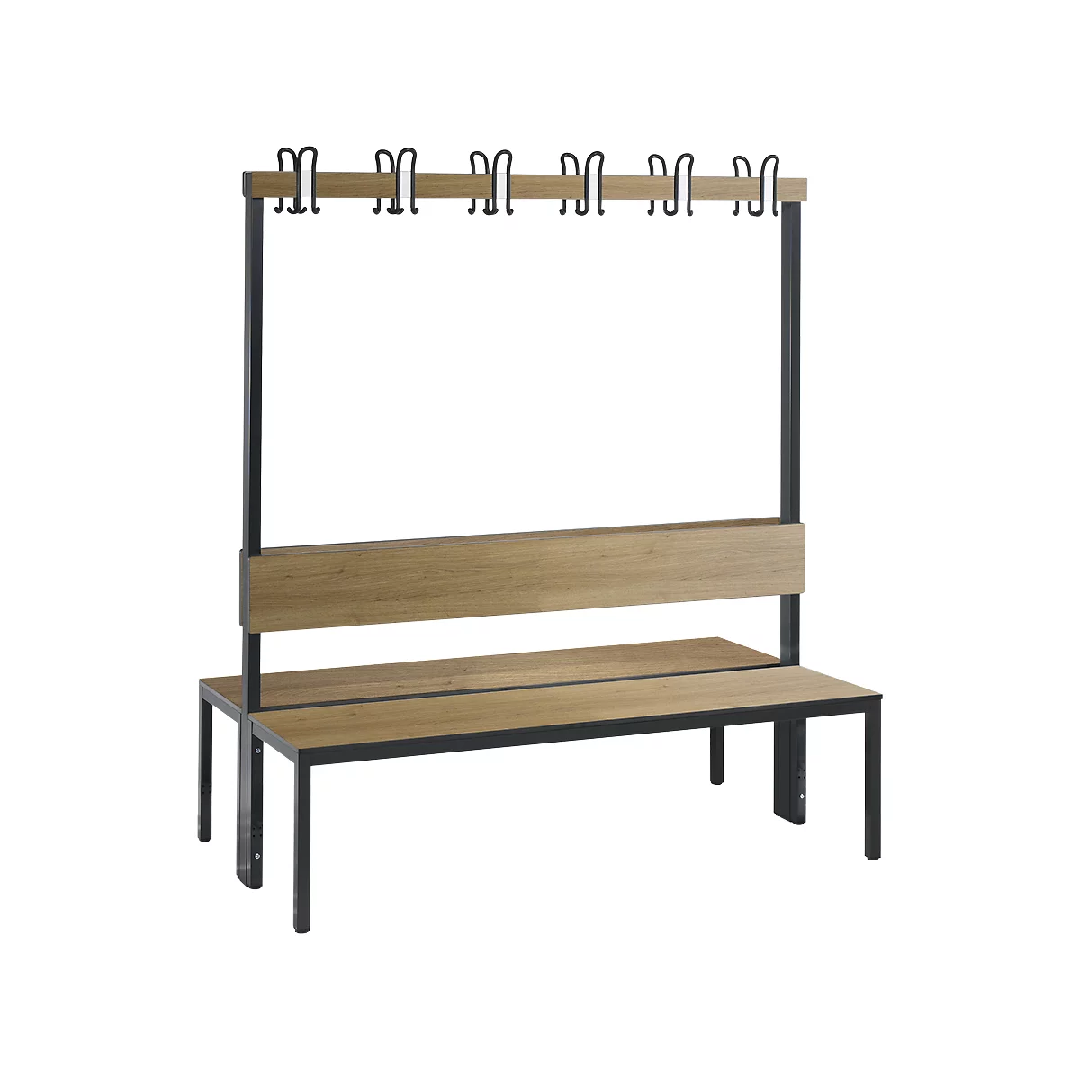 Banc d'armoire Basic Plus, 2 côtés, dossier, sans porte-chaussures, piètement gris-noir RAL 7021, L 1500 mm, décor chêne Ser.