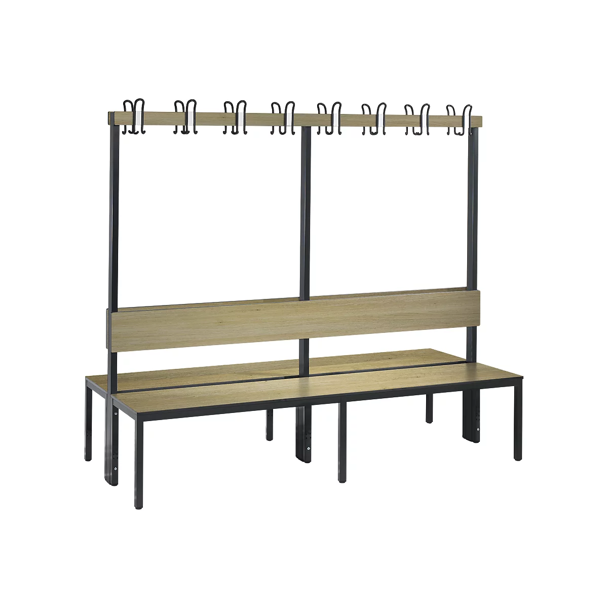 Banc d'armoire Basic Plus, 2 côtés, dossier, sans porte-chaussures, piètement gris noir RAL 7021, L 1960 mm, décor chêne Ser.