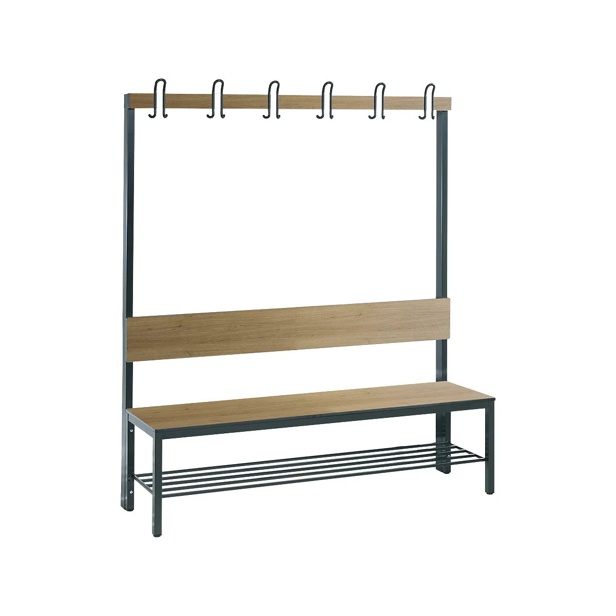 Banc de vestiaire Basic Plus, 1 face, dossier, avec porte-chaussures, base noir-gris RAL 7021, L 1500 mm, décor chêne ser.