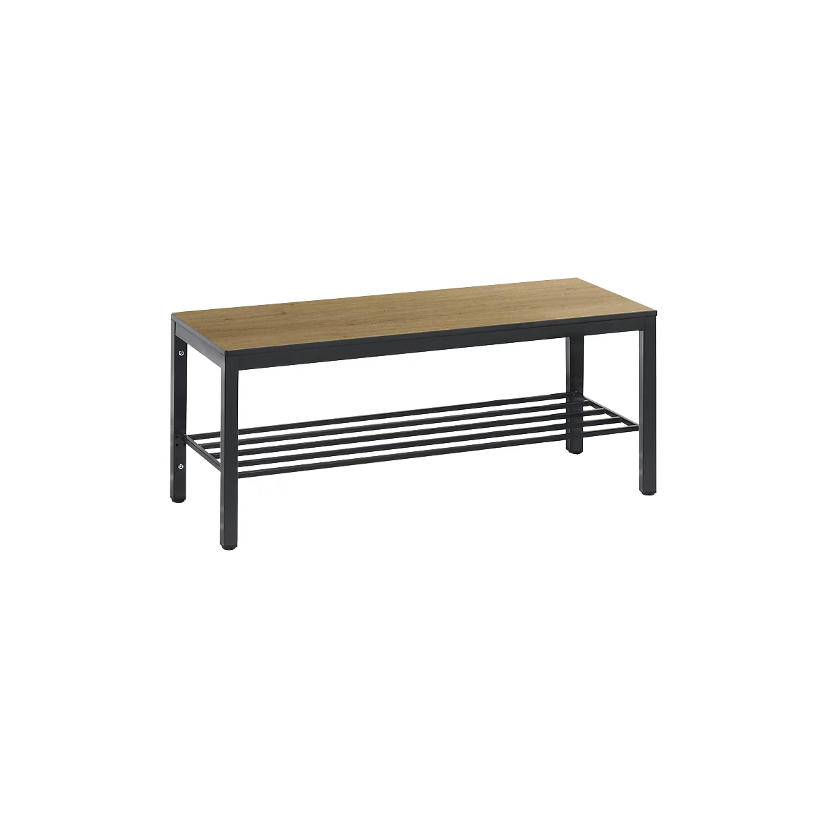 Banc de vestiaire Basic Plus, pour locaux humides, sans dossier, piétement à 4 branches gris noir RAL 7021, avec grille à chaussures, L 1000 mm, décor chêne Serrano