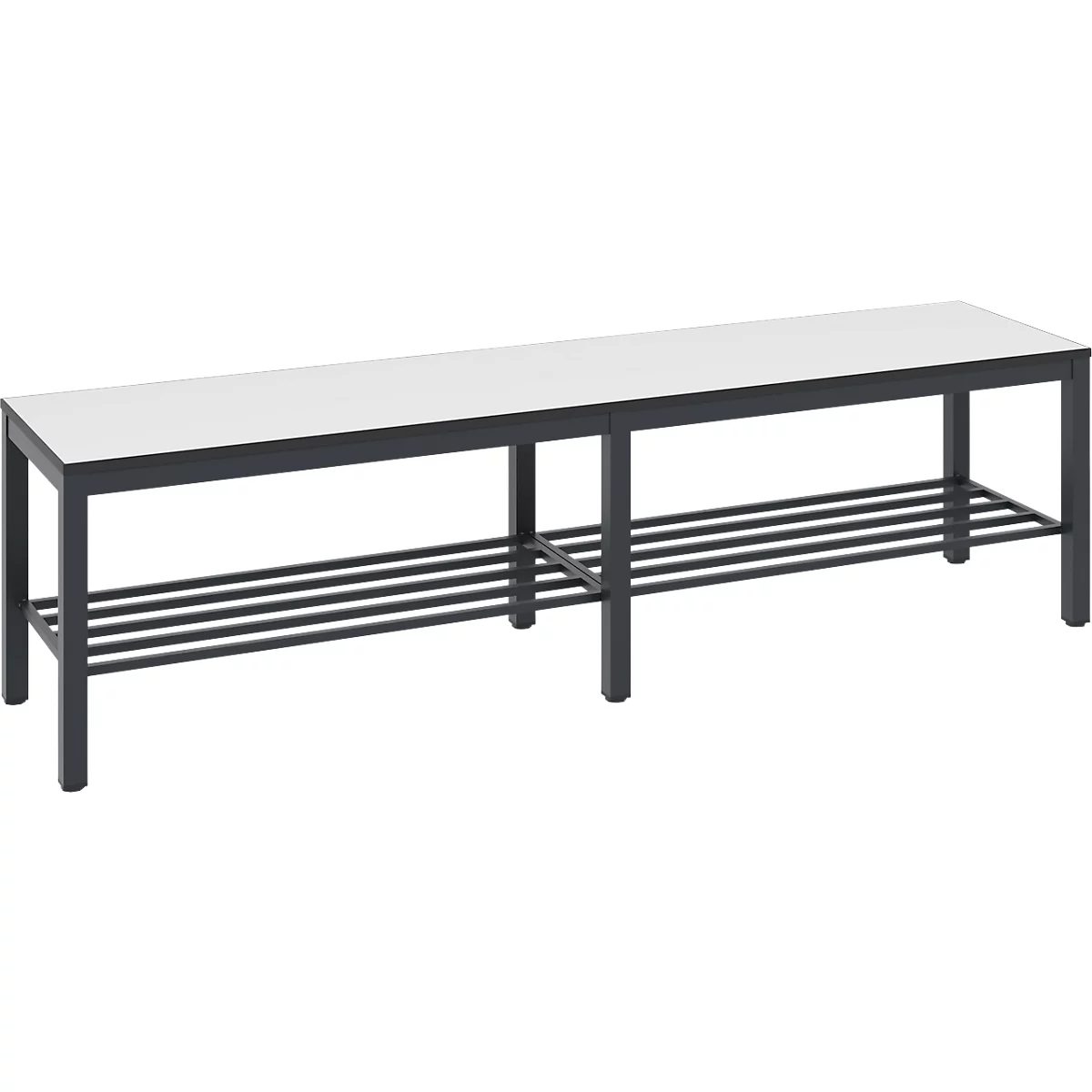 Banc de vestiaire Basic Plus, pour locaux humides, sans dossier, piétement à 6 branches gris noir RAL 7021, avec grille à chaussures, L 1500 mm, décor blanc