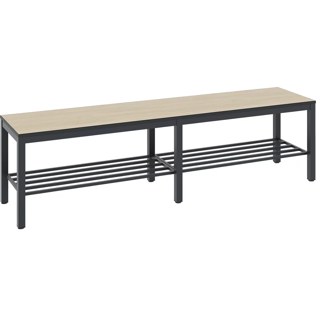 Banc de vestiaire Basic Plus, pour locaux humides, sans dossier, piétement à 6 branches gris noir RAL 7021, avec grille à chaussures, L 1500 mm, décor chêne Serrano