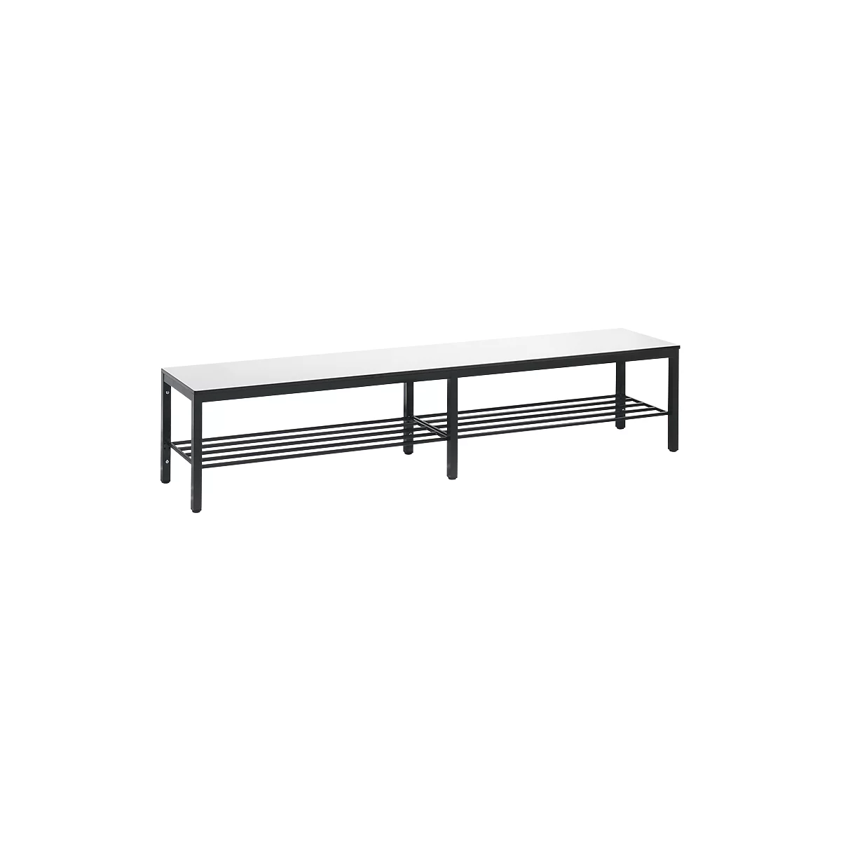 Banc de vestiaire Basic Plus, pour locaux humides, sans dossier, piétement à 6 branches gris noir RAL 7021, avec grille à chaussures, L 1960 mm, décor blanc