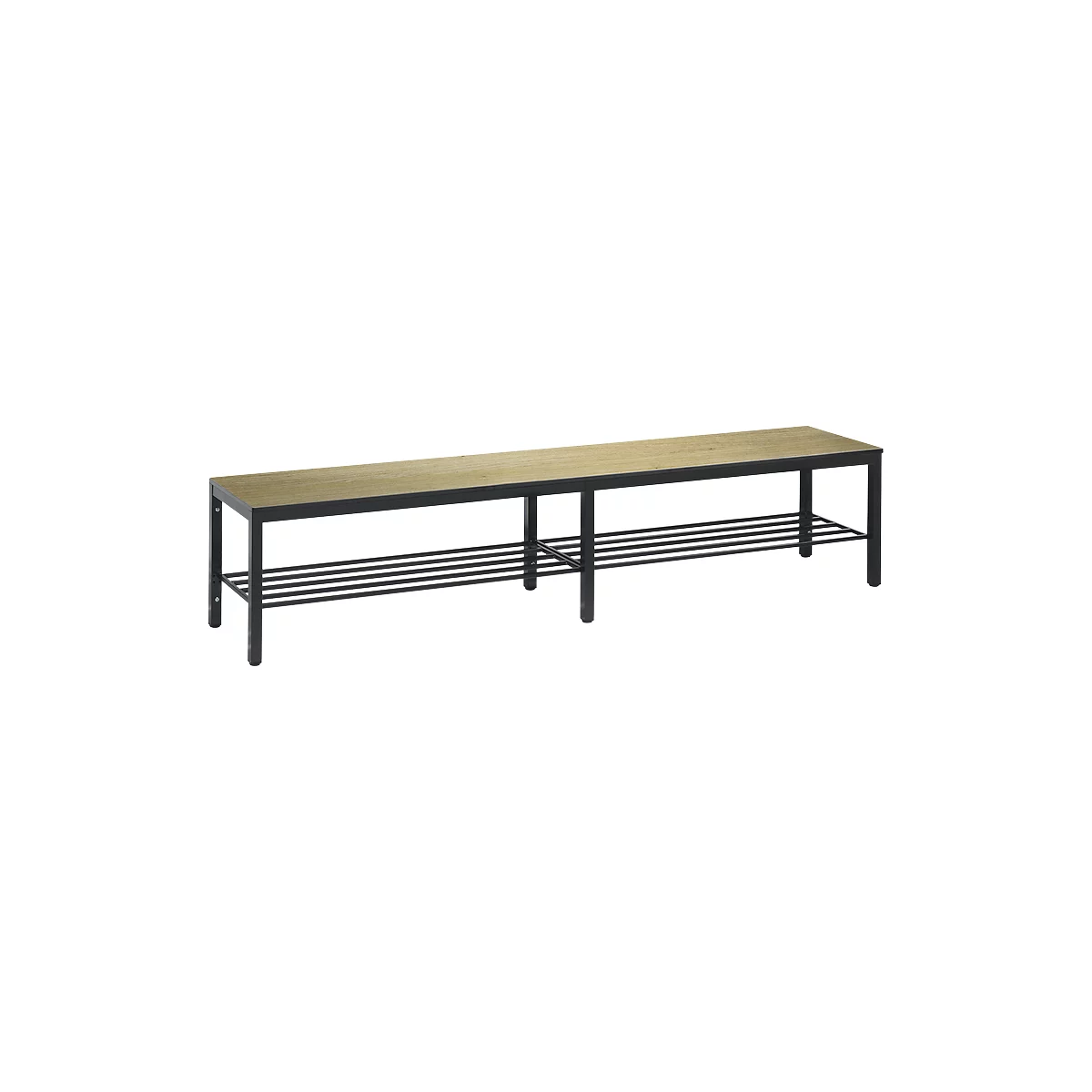 Banc de vestiaire Basic Plus, pour locaux humides, sans dossier, piétement à 6 branches gris noir RAL 7021, avec grille à chaussures, L 1960 mm, décor chêne Serrano