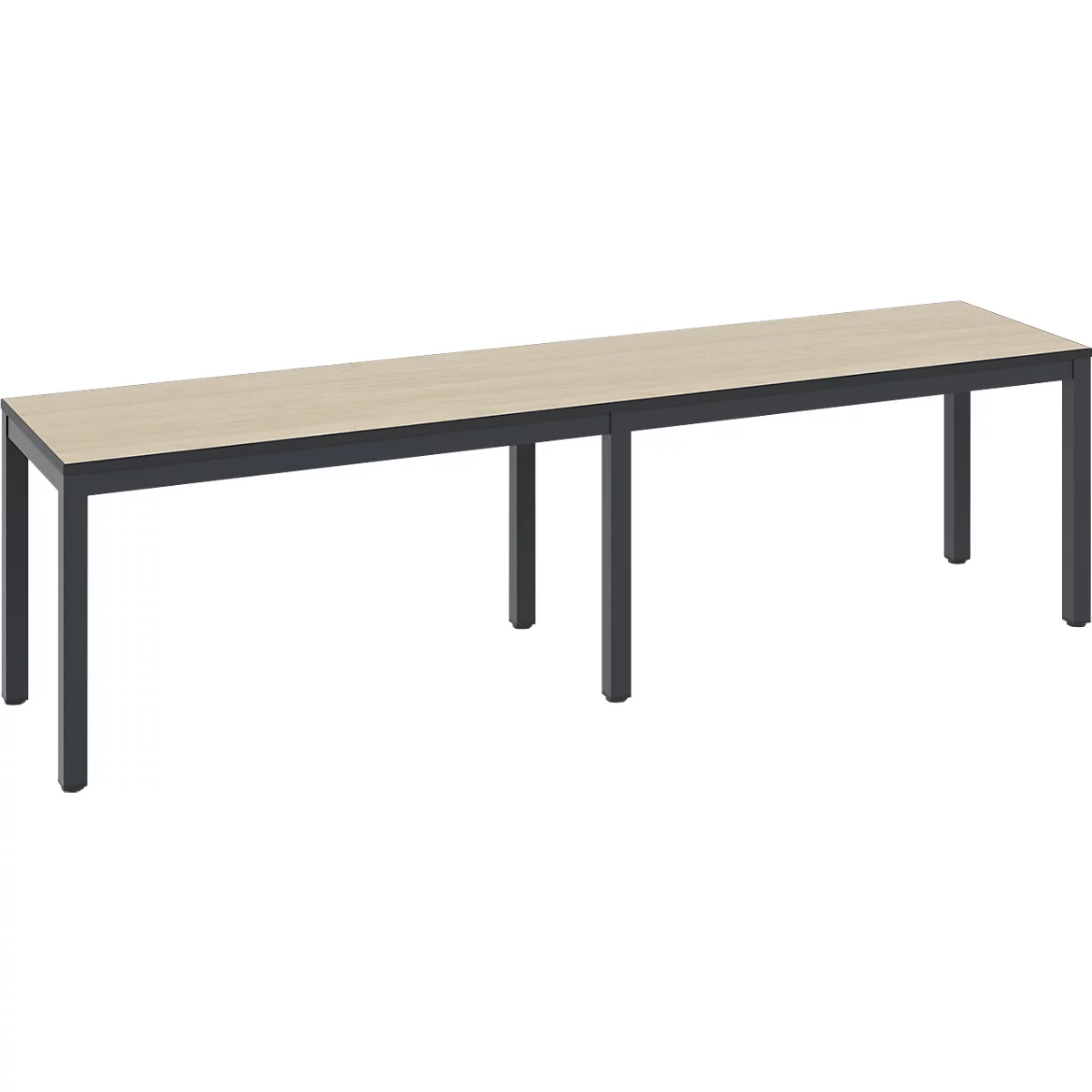 Banc de vestiaire Basic Plus, pour locaux humides, sans dossier, piétement à 6 branches gris noir RAL 7021, sans grille à chaussures, L 1500 mm, décor chêne Serrano