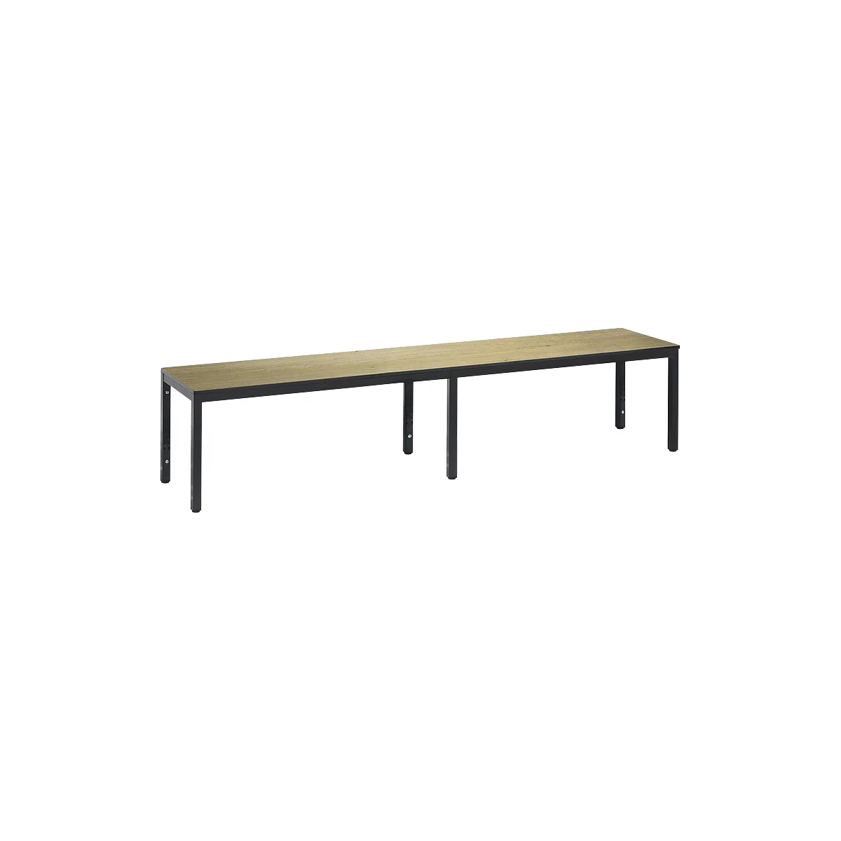 Banc de vestiaire Basic Plus, pour locaux humides, sans dossier, piétement à 6 branches gris noir RAL 7021, sans grille à chaussures, L 1960 mm, décor chêne Serrano