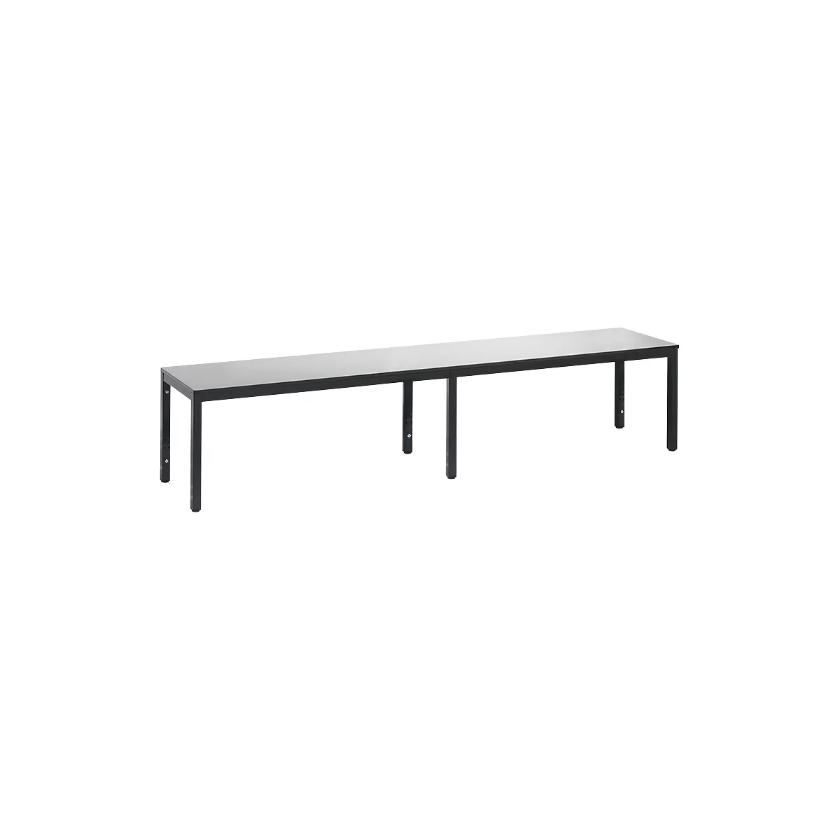 Banc de vestiaire Basic Plus, pour locaux humides, sans dossier, piétement à 6 branches gris noir RAL 7021, sans grille à chaussures, L 1960 mm, décor gris argenté