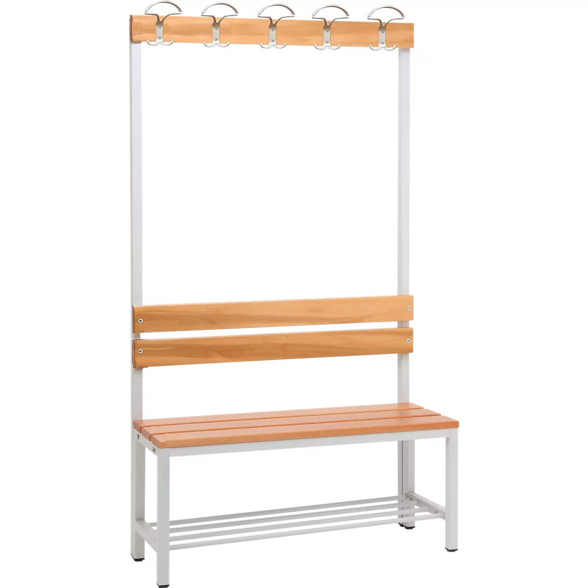 Banc de vestiaire avec assises en bois clair et crochets porte-manteaux.