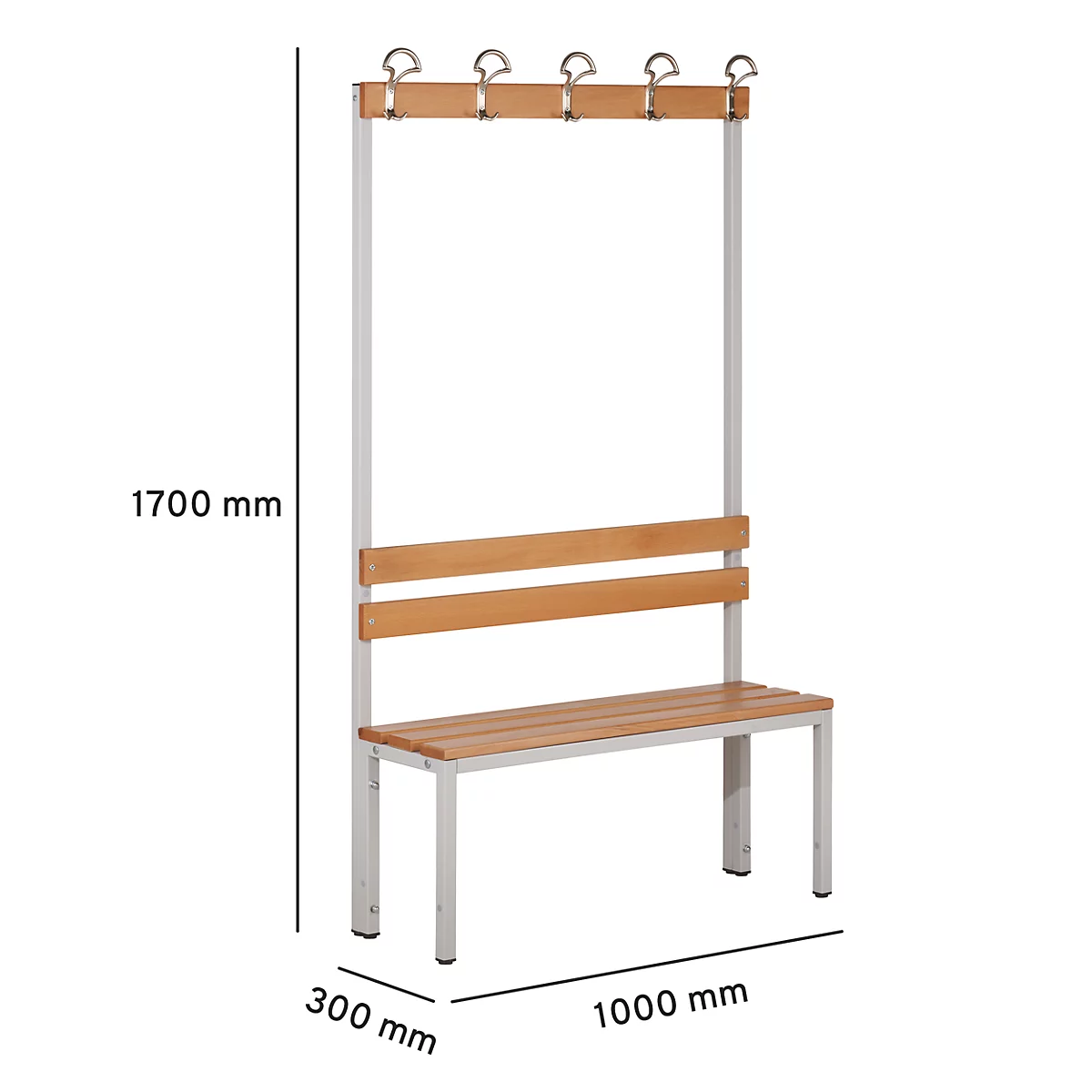 Banc de vestiaires avec dossier et crochets L 1000 mm