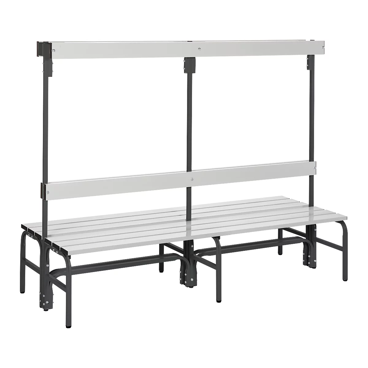 Banc gris avec entretoises grises, avec dossier et cadre supérieur.