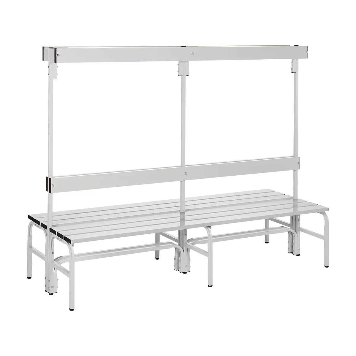 Banc de vestiaires, fil en inox/alu, double avec portemanteaux, L 2000 mm, gris clair