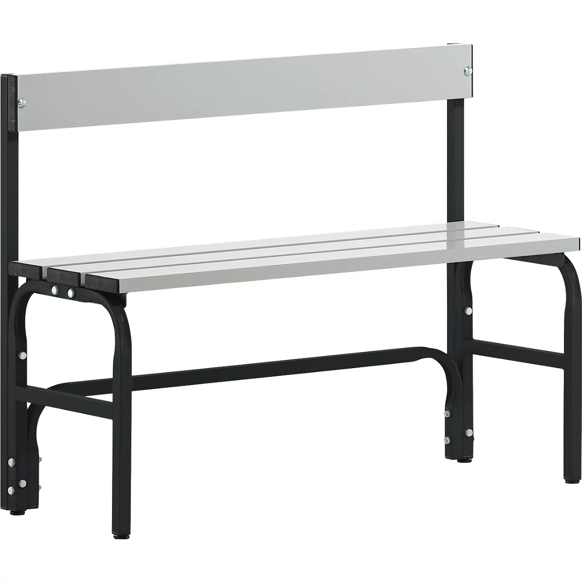 Banc gris avec dossier et pieds en métal noir.