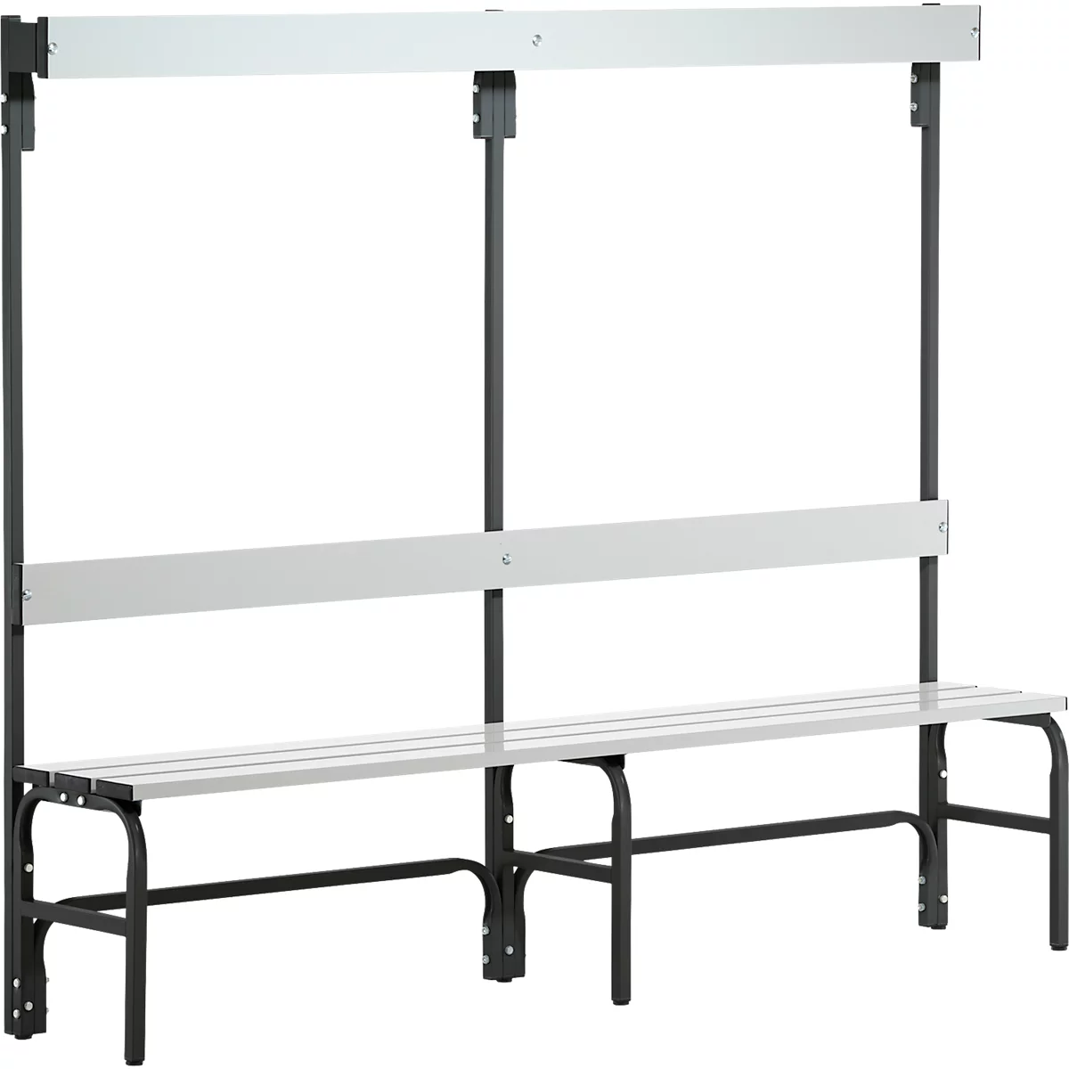 Banc de vestiaire gris et blanc avec barre à vêtements, sur fond blanc.
