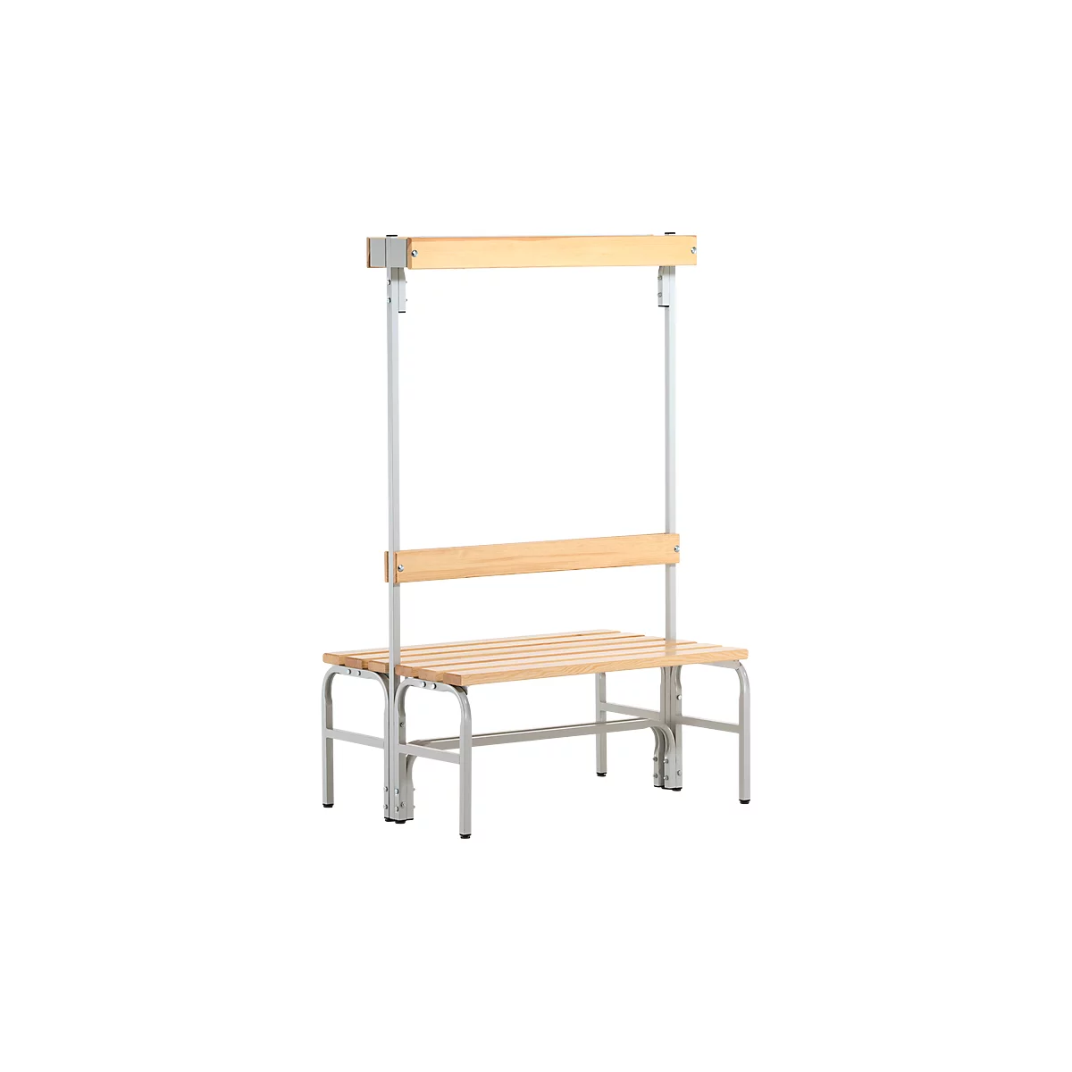 Banc de vestiaires, fils en acier/bois, double, avec portemanteaux, L 1015 mm, gris clair
